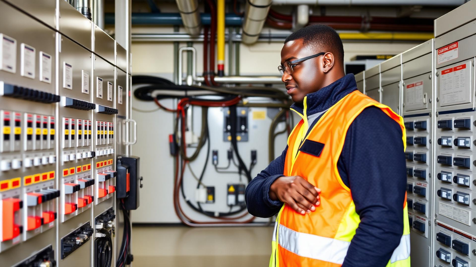 Técnico a inspeccionar quadro eléctrico industrial